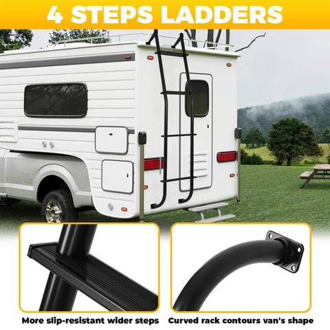 Universal Van Ladder 51 Inch Beefy Heavy Duty Aluminum Hook Over Ladder Rack For Ford E Series Chevy GMC Full Size Vans 1997 2024 Supports 300 Lb Capacity Rust Resistant And Easy Install on RV rear, 4-step black steel ladder