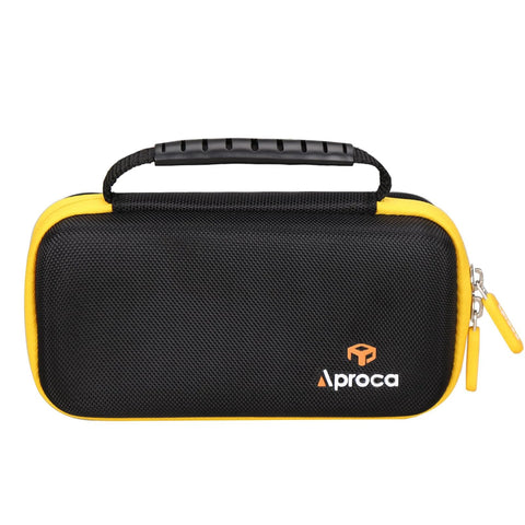 Aproca case for Fluke infrared thermometer accessories; black fabric with yellow trim, zip closure (front view)