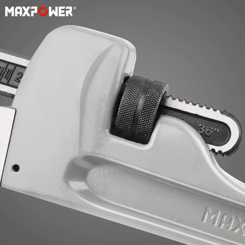 Close-up of 36 Inch Aluminum Pipe Wrench Heavy Duty Straight Pipe Wrench for Plumbing Pros, showing adjustment nut and jaw.