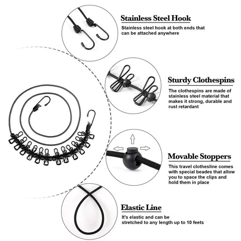 Portable Retractable Clothesline for Camping and RV Life with 12 Clothespins, elastic line, stainless steel hook, and stoppers