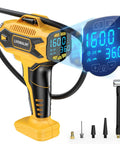 Cordless 160 PSI Tire Inflator Air Compressor With Digital Pressure Gauge Battery Powered Portable Electric Pump For Cars Motorcycles Bikes And Balls Works With 20V Batteries showing digital screen and accessories