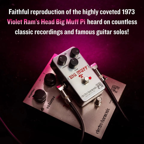 Ram's Head Big Muff Pi Fuzz Pedal With True Bypass And Battery Included on vibrant pink background.