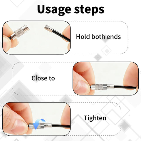 Twenty Pcs Stainless Steel Wire Keychain Cables With 1.5mm Core And 6 Inch Large Key Rings shown in usage steps, black and silver.