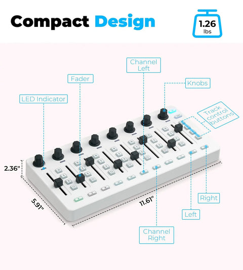 Wireless MIDI Controller Mixer With 43 Backlit Buttons And USB MIDI Keyboard For PC And Mac, compact design dimensions