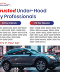 Infiniti and Nissan vehicle parked on city street with overlaid text listing compatible models by EDS Parts