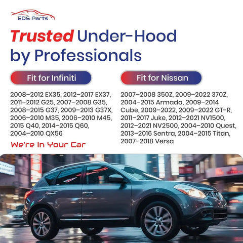 Infiniti and Nissan vehicle parked on city street with overlaid text listing compatible models by EDS Parts