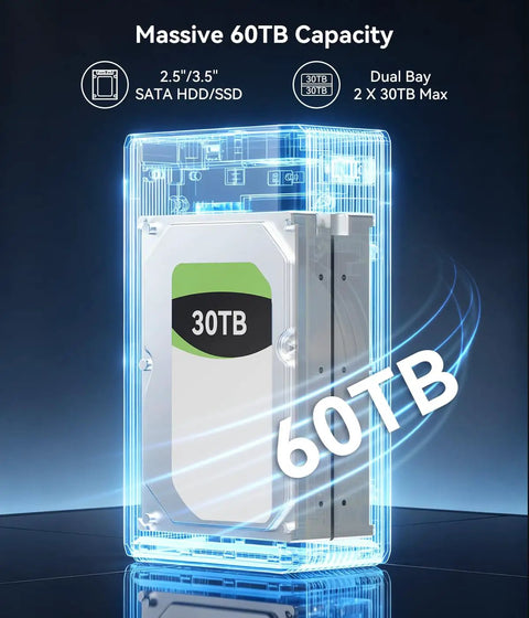 Dual Bay Raid Enclosure For 2.5 And 3.5 In Sata Hdd Ssd Aluminum External Dock with 60TB capacity specifications.