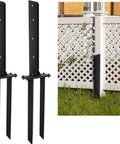 Heavy Duty Black Fence Post Repair Kit To Get Leaning 4X4 Or 6X6 Wooden Posts Plumb And True Features Rust Resistant Ground Spike Anchor, two black metal stakes with grounded support.