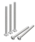Boss Level Four Forty One Half Inch Pan Head Machine Screws Sporting Phillips Drive Built From Pro Grade 304 Stainless Steel For Rock Solid Home Builds And Tough Shop Work Pack Of Twenty Five, showing four stainless steel pan head screws.
