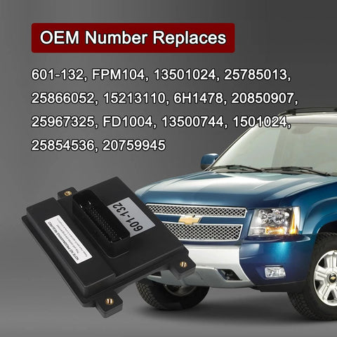 Pre Programmed Plug And Play Fuel Pump Driver Module For GM Trucks And SUVs with Chevrolet SUV in background, replaces OEM 601132