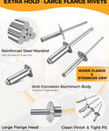 Top Shelf Heavy Duty Large Flange Blind Pop Rivets 1/8 X 1/4 Inch Aluminum With Steel Mandrel 250 Pack showing large flange and steel mandrel.