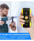Digital Stud Finder Wall Scanner With AC Wire Detector And Metal Pipe Locator Featuring A Bright Display for quick wood joist discovery, used in hand.