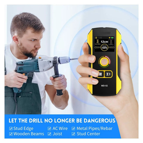 Digital Stud Finder Wall Scanner With AC Wire Detector And Metal Pipe Locator Featuring A Bright Display for quick wood joist discovery, used in hand.