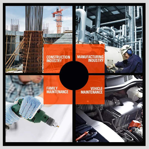 Images depicting construction, manufacturing, family maintenance, and vehicle maintenance sectors with tools and machinery.