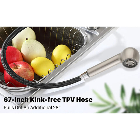 Genuine Utility Sink Faucet Featuring A Breezy Pull Out Sprayer Finished In Brushed Nickel with 67-inch Kink-free TPV Hose.