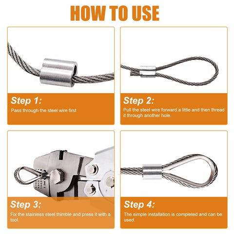 Steps for using the 320 Piece Aluminum Crimping Loop Sleeve Kit With Eight Sizes From 3/64 Inch To 1/4 Inch for rigging cables