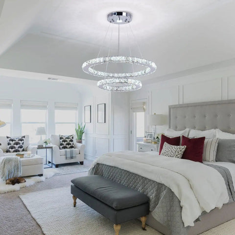 LED Modern Crystal Ring Pendant Chandelier With Two Adjustable Rings And K9 Crystals, Stainless Steel Ceiling Light Fixture, 19.7 By 11.8 Inches, Adjustable Cable Height Up To 44.3 Inches, White Finish For Dining Room And Living Room