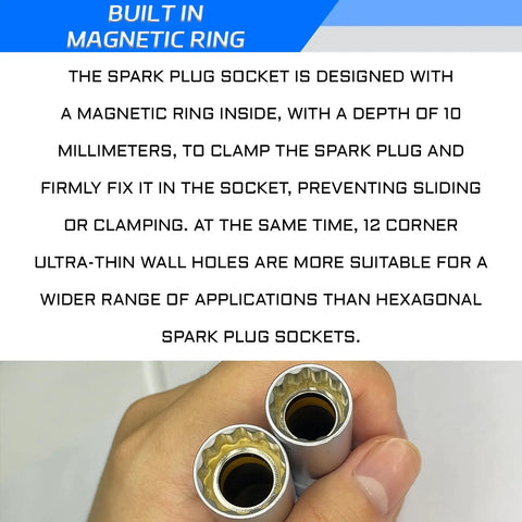 14mm And 16mm Thin Wall Magnetic Swivel Spark Plug Socket Set, Three Eighths Drive, 12 Point, Universal Joint, 360 Degree Rotating, Hella Easy In Tight Engine Bays, Works With BMW Nissan And More. 14mm 16mm sockets with built-in magnetic ring