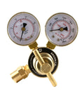 Front view of brass dual-gauge argon regulator with two gauges and brass fittings for MIG/TIG welding.
