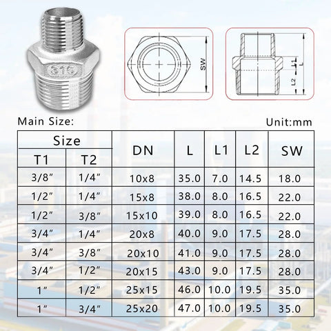 Dnkoua 2-pack 316 stainless steel reducing hex nipples, 3/4 in to 1/2 in NPT male fittings for plumbing