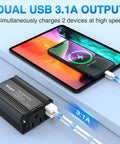 Road Ready 150 Watt Car Power Inverter Plugs Straight Into Cigarette Lighter To Crank Out 12V DC To 110V AC With Dual 3.1A USB Ports and Standard Outlet For Solid Everyday Charging On The Fly with dual USB output charging devices.