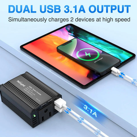 Road Ready 150 Watt Car Power Inverter Plugs Straight Into Cigarette Lighter To Crank Out 12V DC To 110V AC With Dual 3.1A USB Ports and Standard Outlet For Solid Everyday Charging On The Fly with dual USB output charging devices.