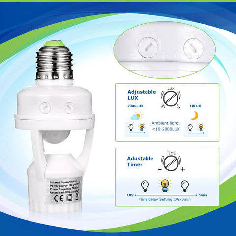 Motion Sensor Light Socket Adapter For E26 E27 Screw In Bulbs Smart Auto On Off Motion Activated Bulb Holder For Garage And Storage Rooms Quick Install No Wiring Needed 6 Pack white plastic adapter with adjustable lux and timer knobs