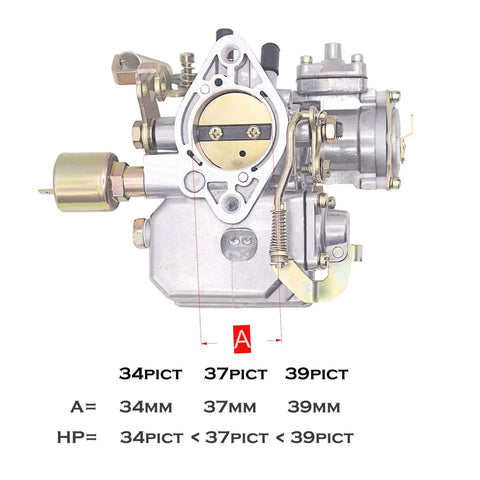 34 Pict-3 Dual Port Carburetor For 1600cc VW Air Cooled Beetles And Buses 12V Engine With Electric Choke front view with size chart