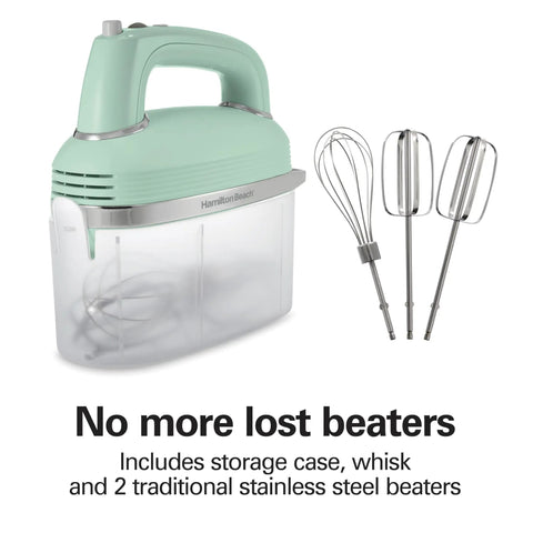 Retro 5 Speed Electric Hand Mixer With SmartBoost Tech and Powerful DC Motor, mint green finish with stainless steel beaters and whisk.