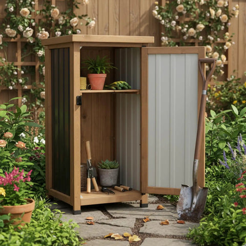 Slim Outdoor Storage Cabinet With Weatherproof Roof Wood And Metal Construction Removable Shelf Lockable Door Two Hinges Adjustable Feet Ideal Under Counter Or Balcony Storage For Small Spaces in a garden setting.