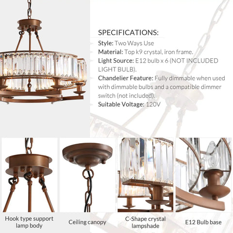 Product specifications of Six Light Vintage Round Crystal Chandelier With Farmhouse Wagon Wheel Vibe Flush Mount Ceiling Light For Dining Room Kitchen Island Or Living Space 26 Inch Diameter Rustic Glam