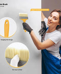 Person using Wallpaper Smoothing Tool Kit with 10 Inch Smoothing Brush on wall, features durable bristles and hanging hole design.