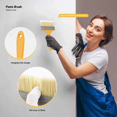 Person using Wallpaper Smoothing Tool Kit with 10 Inch Smoothing Brush on wall, features durable bristles and hanging hole design.