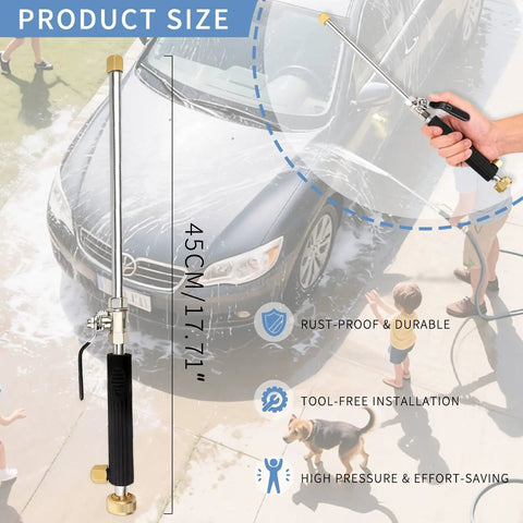 Person holding High Pressure Hose Nozzle Attachment Wand For Power Washer With Dual Spray Tips Hydro Jet Cleaning Lance for car cleaning.