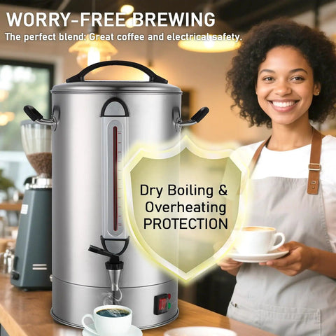 120 Cup Commercial Coffee Urn For Catering And Events, 20L Stainless Steel Percolator With 1300W Quick Brew, shown on counter