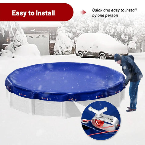 150 Feet Pool Cover Cable And Winch Kit With Plastic Coated Steel Wire For Above Ground Pools, easy setup in winter snow scene.
