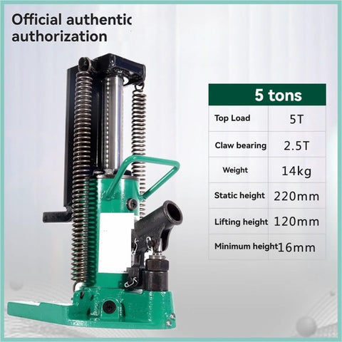 5 Ton Portable Hydraulic Claw Jack Built Tough With Heavy Duty Aluminum Frame, showing specifications and features.