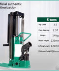 Heavy Duty Hydraulic Car Jack 5 Ton Capacity Claw Style Vehicle Lifter with display of specifications including height and weight.