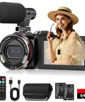 4K UHD 60FPS Camcorder With 64MP Dual Lens For YouTube And TikTok Vlogging shown with accessories, 3 Inch IPS Screen