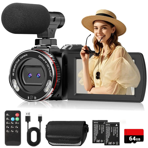 4K UHD 60FPS Camcorder With 64MP Dual Lens For YouTube And TikTok Vlogging shown with accessories, 3 Inch IPS Screen