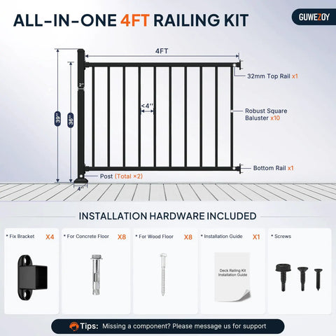 Top Shelf 6063 Aluminum Deck Railing Kit 36 Inch High By 4 Feet Wide modular porch guard installation diagram with components.