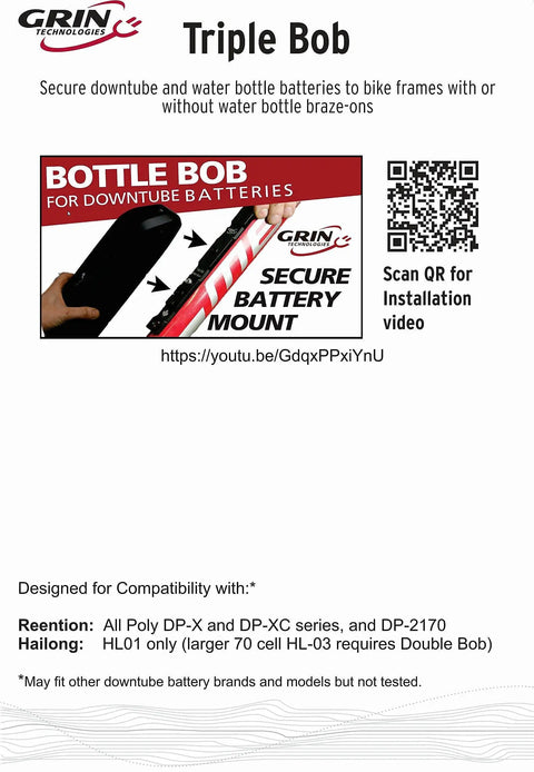 Triple Bob Ebike Battery Anchor Bracket Mount and QR code for video installation instructions.