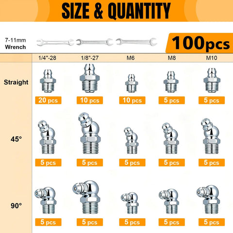 Solid Alloy Grease Nipple Fitting Kit 100 Pieces Sae And Metric Assortment M6 M8 M10 With 1/4 And 1/8 Inch Zinc Plated Rust Proof Seal For Heavy Duty Car Truck Maintenance And Auto Repair Jobs size chart
