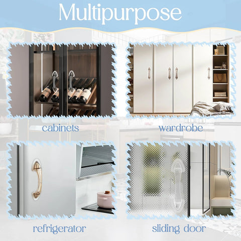 Clear acrylic adhesive handles on cabinets, wardrobe, refrigerator, sliding door showcasing versatility for quick cabinet makeover