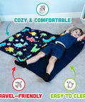 Child lying on dinosaur-themed Toddler Nap Mat With Pillow For Daycare And Travel Soft Cozy Portable Kid-Friendly OEKO-TEX Certified