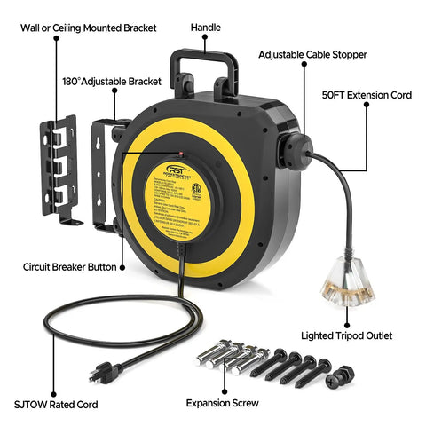 Retractable 55Ft Extension Cord Reel For Garage And Workshop, Heavy Duty 14AWG 13A SJTOW UL Listed Lighted Triple Tap Outlet