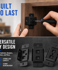 Close-up of Beefy Heavy Duty Stainless Steel Furniture Bracket Set 2 In 1 Locking Corner Connectors in use on wooden cabinet.