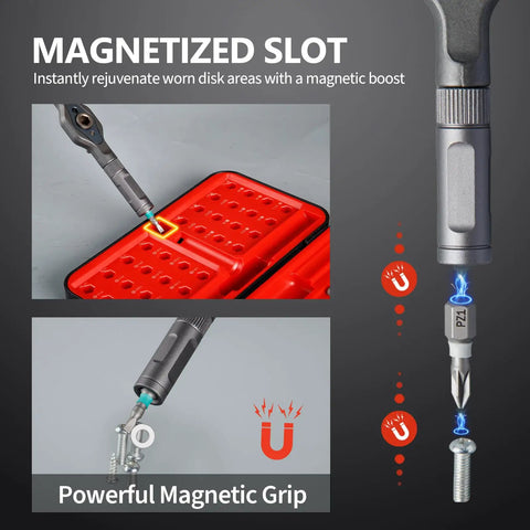 All-Purpose 42-In-1 Magnetic Ratchet Screwdriver Set With S2 Steel Bits illustrating magnetized slot and grip functionality.