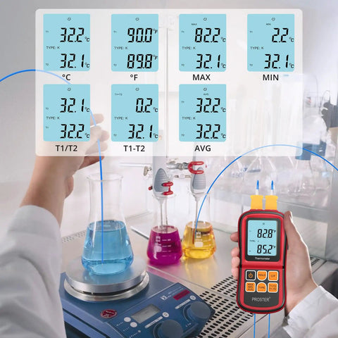 Dual Channel Digital Thermocouple Thermometer With Two K Type Probes Backlit LCD Real Time Temperature Readout in lab setting