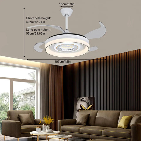 Pwefhsdjvh Ceiling Fan with LED Light 6-Speed Remote Control in living room, 42in diameter, modern design with adjustable height.